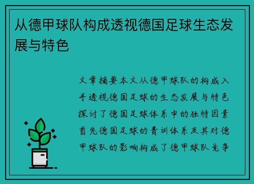 从德甲球队构成透视德国足球生态发展与特色