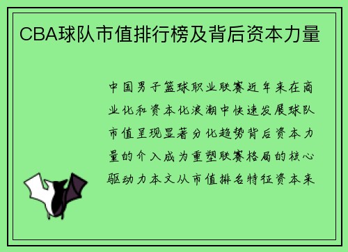 CBA球队市值排行榜及背后资本力量
