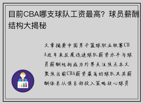 目前CBA哪支球队工资最高？球员薪酬结构大揭秘