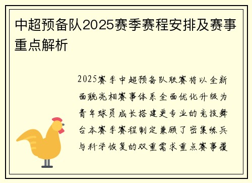 中超预备队2025赛季赛程安排及赛事重点解析
