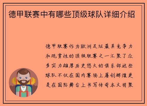 德甲联赛中有哪些顶级球队详细介绍